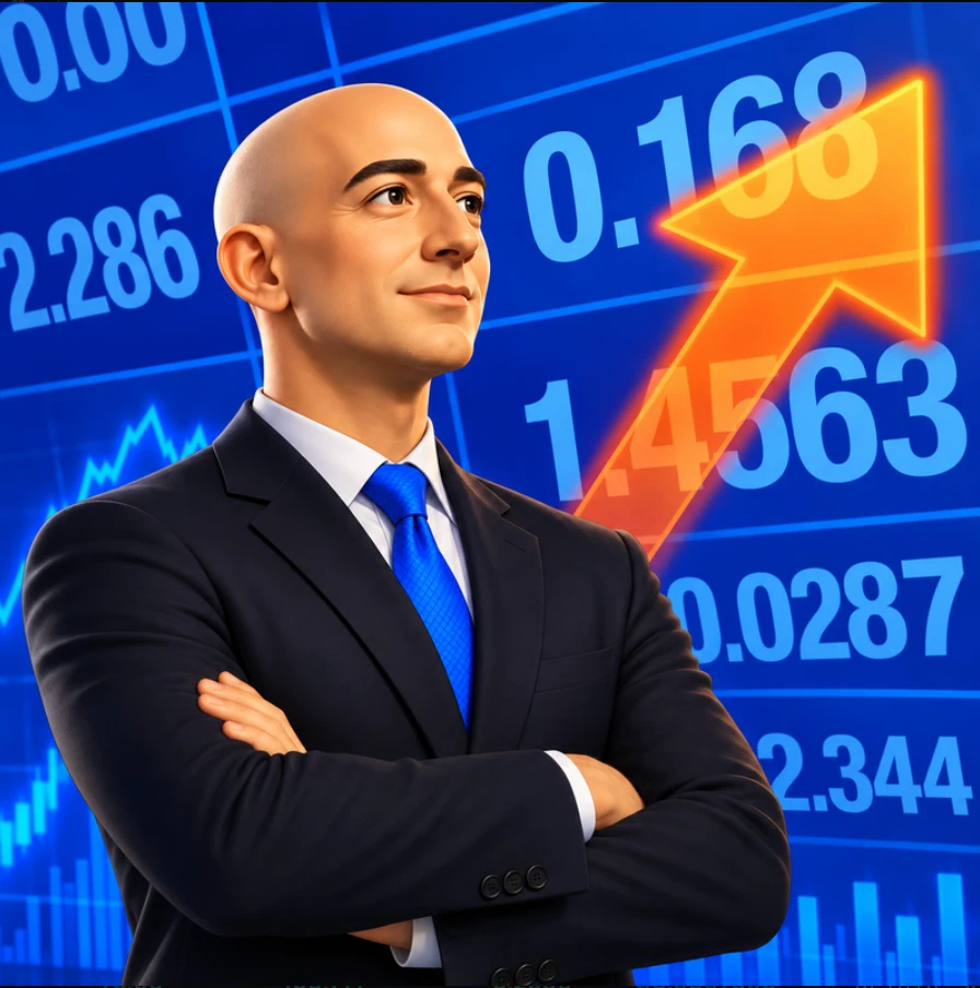 Jevv Bezos in a suit in front of a rising chart